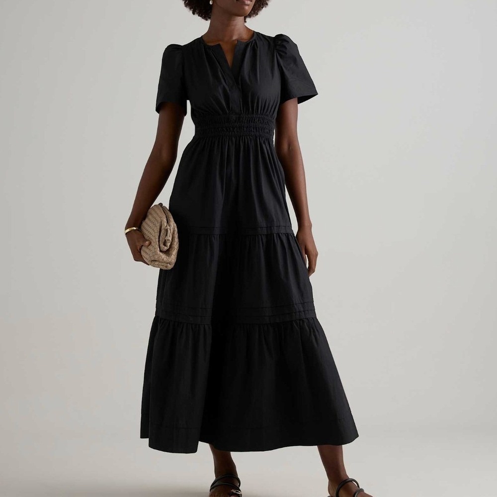 Quince Tiered Maxi Dress Size Small Black Organic Poplin Cottagecore Boho Summer